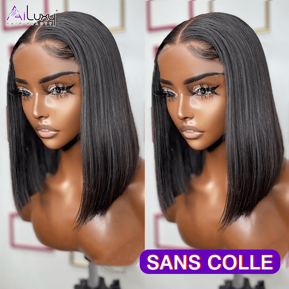ailuxyhair-fr AILUXY Perruque Sans Colle 13x4 Lace Closure Perruque BOB Perruque Lisse 200% densité 100% Cheveux humains comme sur la vidéo 2 - 3 jours reçus+Un beau cadeau