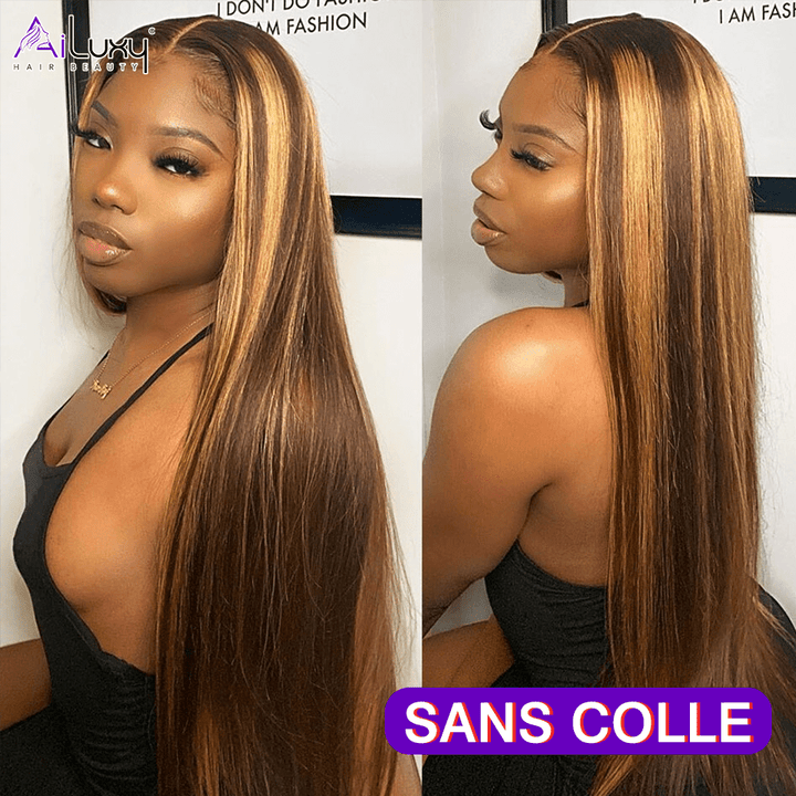 ailuxyhair-fr AILUXY perruque sans colle 13x4 Lace Frontal Lisse Longue Brun Balayage Miel #4#27 Perruque 100% Cheveux Humains