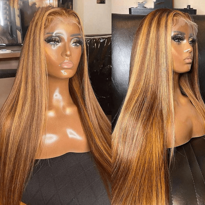 ailuxyhair-fr AILUXY perruque sans colle 13x4 Lace Frontal Lisse Longue Brun Balayage Miel #4#27 Perruque 100% Cheveux Humains