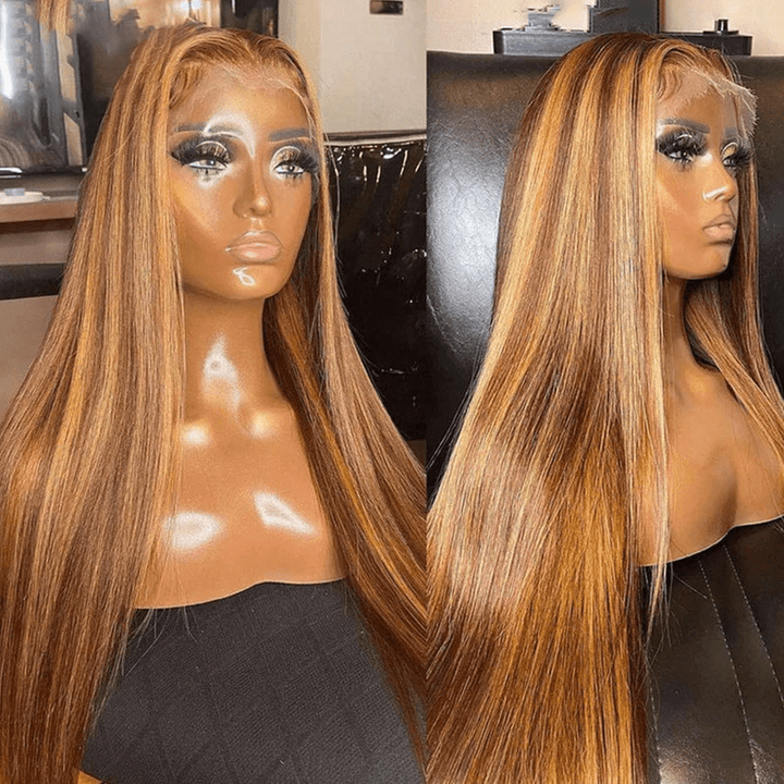 ailuxyhair-fr AILUXY perruque sans colle 13x4 Lace Frontal Lisse Longue Brun Balayage Miel #4#27 Perruque 100% Cheveux Humains