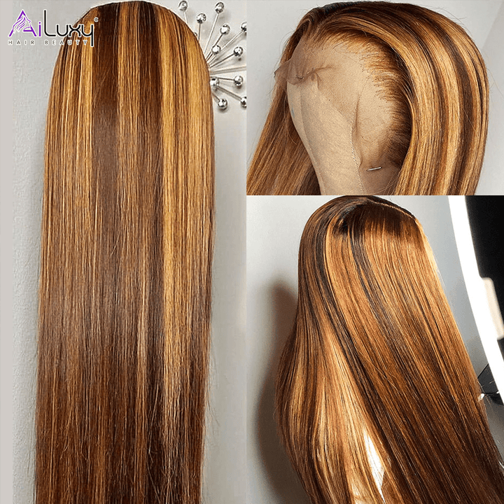 ailuxyhair-fr AILUXY perruque sans colle 13x4 Lace Frontal Lisse Longue Brun Balayage Miel #4#27 Perruque 100% Cheveux Humains