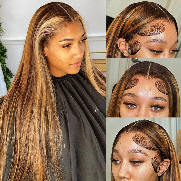 ailuxyhair-fr AILUXY perruque sans colle 13x4 Lace Frontal Lisse Longue Brun Balayage Miel #4#27 Perruque 100% Cheveux Humains