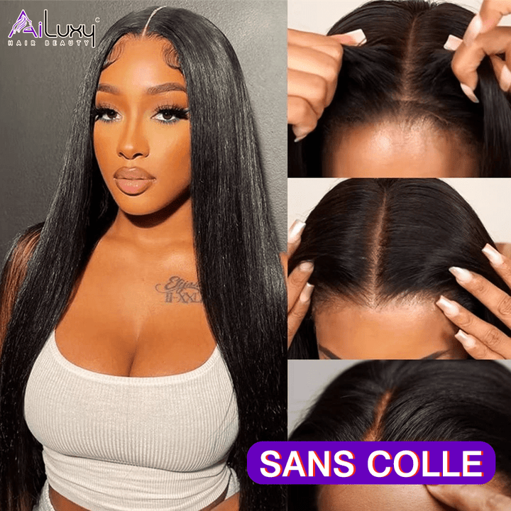 ailuxyhair-fr AILUXY Perruque Sans Colle 200%Densité 4X4 Lace Frontal Lisse Perruque  200% densité Vrais Cheveux Humains
