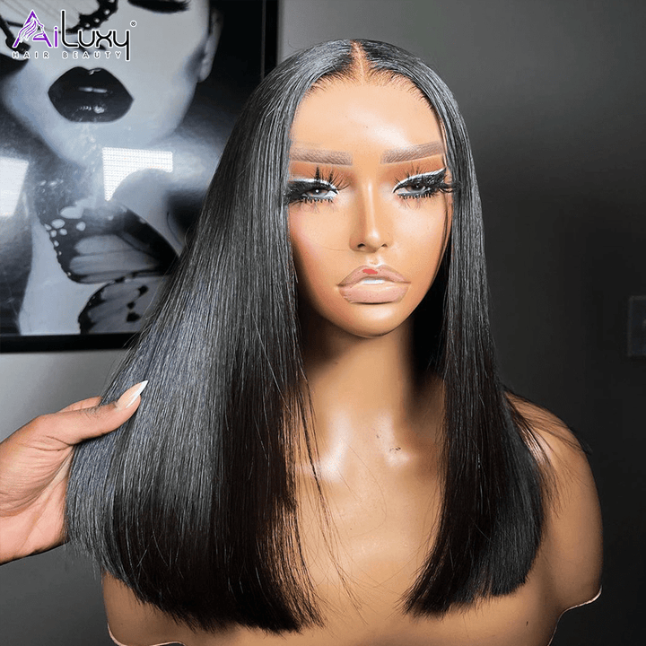 ailuxyhair-fr AILUXY Perruque Sans Colle 4x4 Lace Closure Perruque BOB Perruque Lisse 200% densité 100% Cheveux humains  comme sur la vidéo 2 - 3 jours reçus+Un beau cadeau