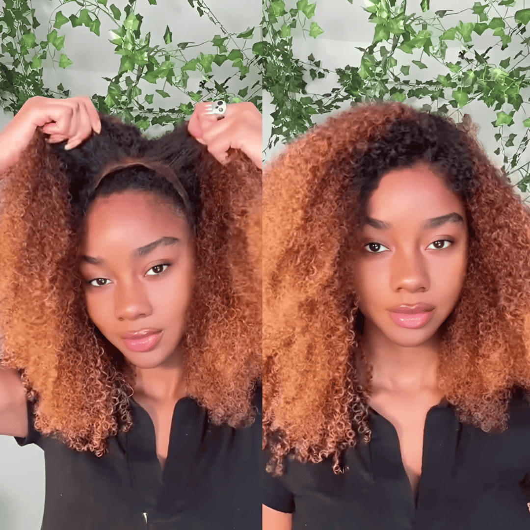 ailuxyhair-fr curly 16pouces（ longueur comme image） AILUXY Perruque Crépue Ombrée Noir-Caramel (T1B/30), Boucles Crépues Volumineuses, Cheveux Humains Réalistes, Facile à Installer et à Entretenir, Style Tendance pour Femmes