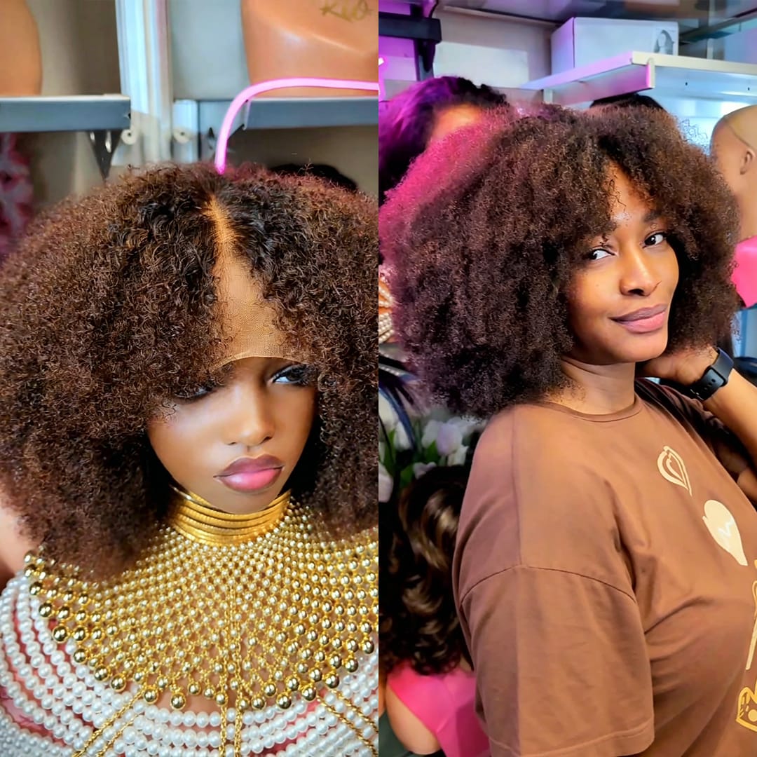 ailuxyhair-fr curly Identique à la photo AILUXY Perruque Kinky Curly Afro Marron avec Frange Épaisse, Dentelle Frontale 13×4 Imperceptible, Densité Maximale 300%, Cheveux Naturels 100%, Bouffant Aérien et Moelleux