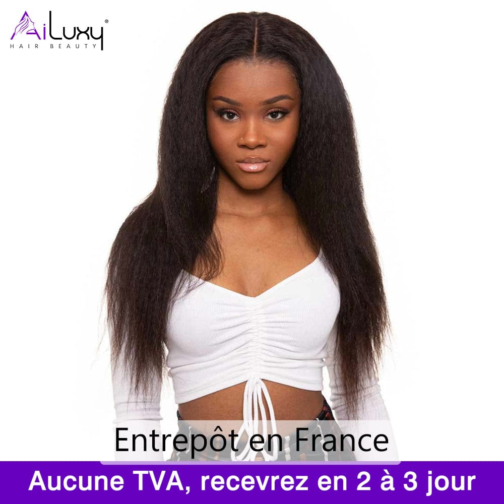 ailuxyhair-fr （En france）AILUXY 4x4 Lace Frontal 200%densité Perruque Kinky Lisse Perruque Longue Noir 100% Cheveux Humains comme sur la vidéo 2 - 3 jours reçus+Un beau cadeau