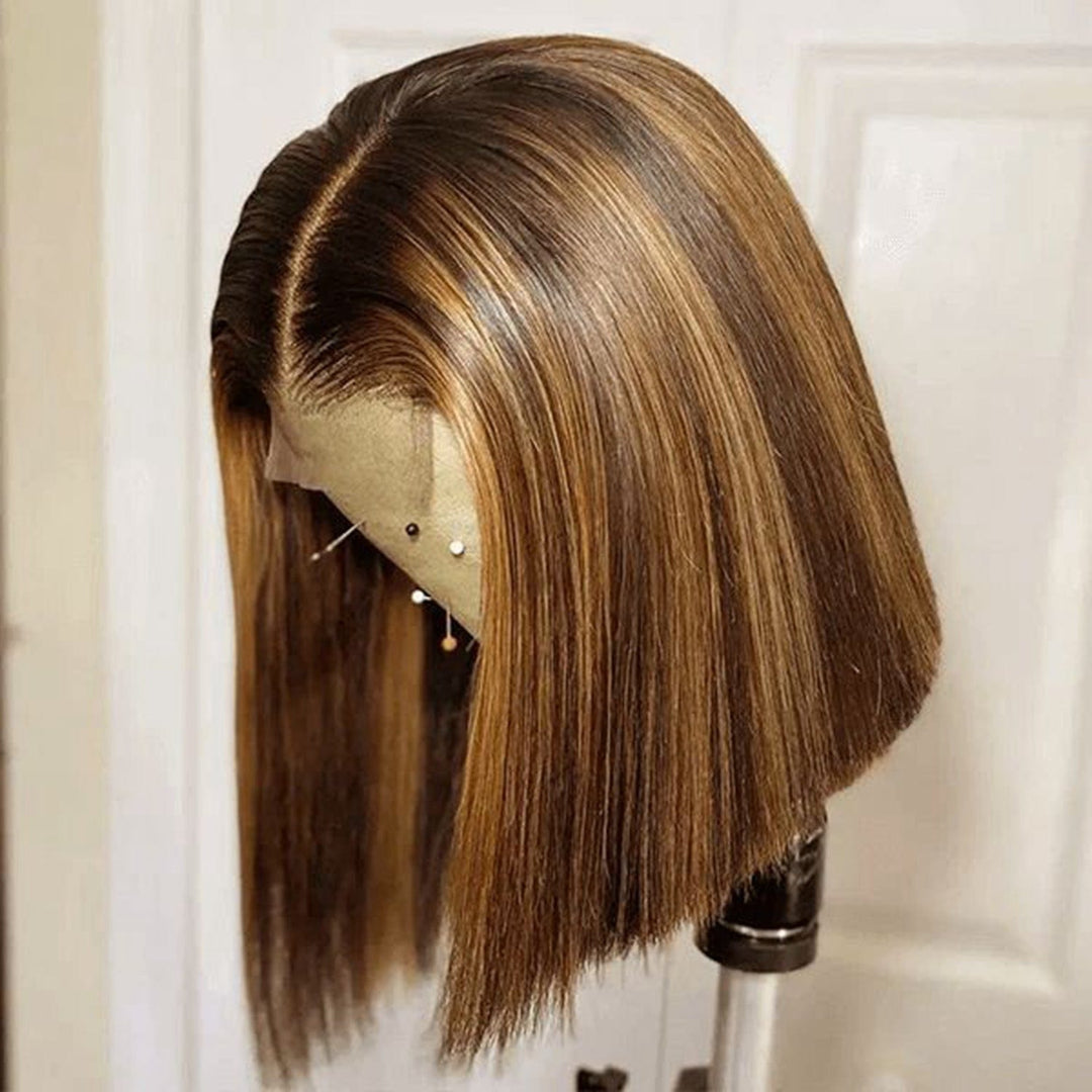 ailuxyhair-fr Entrepôt en France AILUXY 13x4 Lace Frontal Brun Balayage Miel Lisse Courte Bob Perruque 100% Cheveux Humains