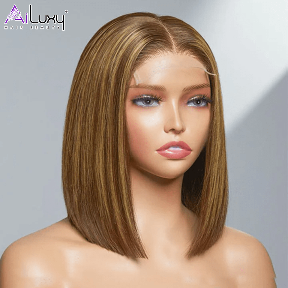 ailuxyhair-fr Entrepôt en France AILUXY 13x4 Lace Frontal Brun Balayage Miel Lisse Courte Bob Perruque 100% Cheveux Humains