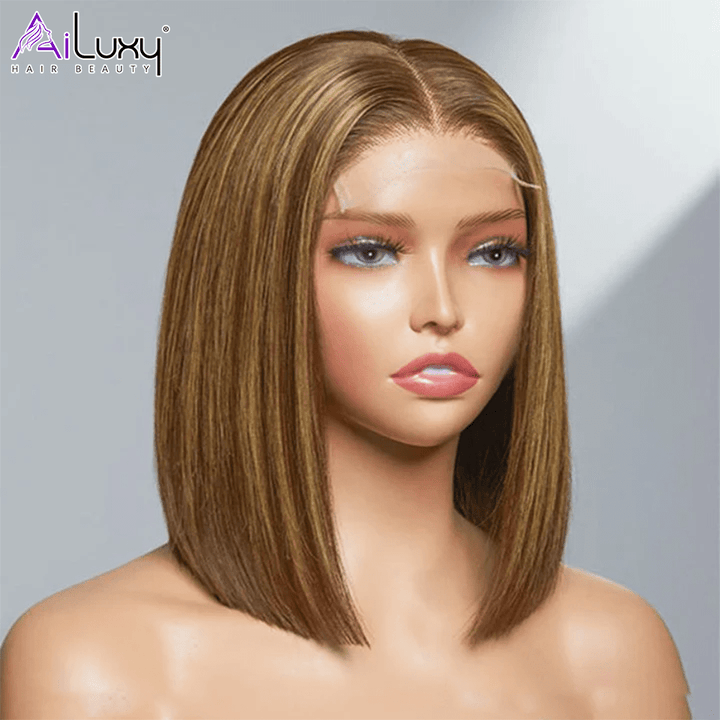 ailuxyhair-fr Entrepôt en France AILUXY 13x4 Lace Frontal Brun Balayage Miel Lisse Courte Bob Perruque 100% Cheveux Humains
