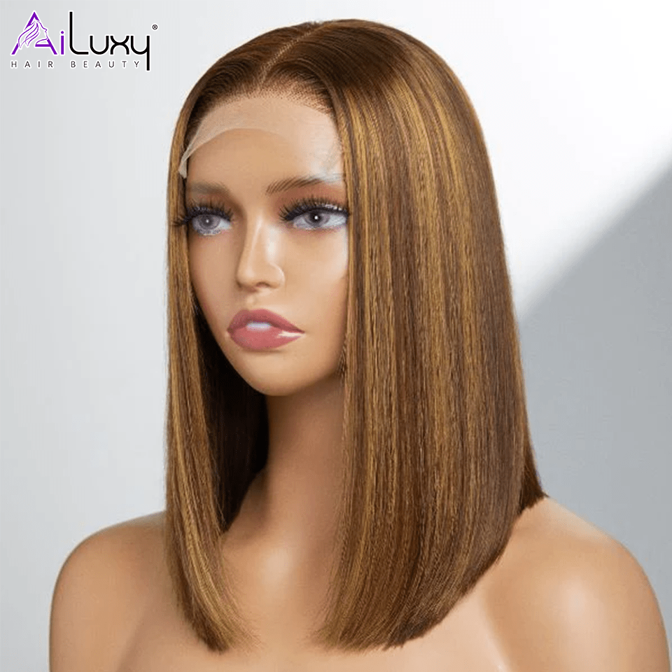 ailuxyhair-fr Entrepôt en France AILUXY 13x4 Lace Frontal Brun Balayage Miel Lisse Courte Bob Perruque 100% Cheveux Humains