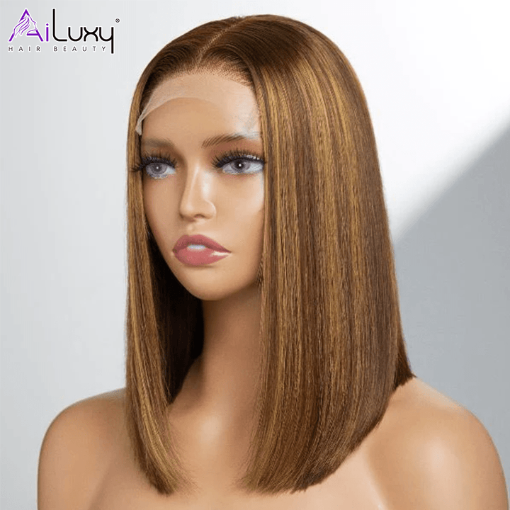 ailuxyhair-fr Entrepôt en France AILUXY 13x4 Lace Frontal Brun Balayage Miel Lisse Courte Bob Perruque 100% Cheveux Humains