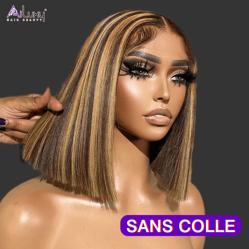 ailuxyhair-fr Entrepôt en France AILUXY 13x4 Lace Frontal Brun Balayage Miel Lisse Courte Bob Perruque 100% Cheveux Humains