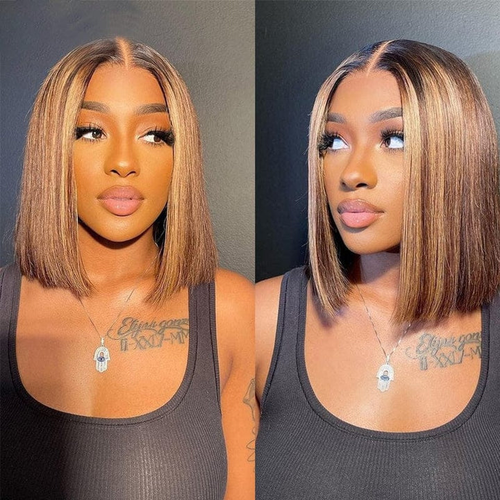 ailuxyhair-fr Entrepôt en France AILUXY 13x4 Lace Frontal Brun Balayage Miel Lisse Courte Bob Perruque 100% Cheveux Humains