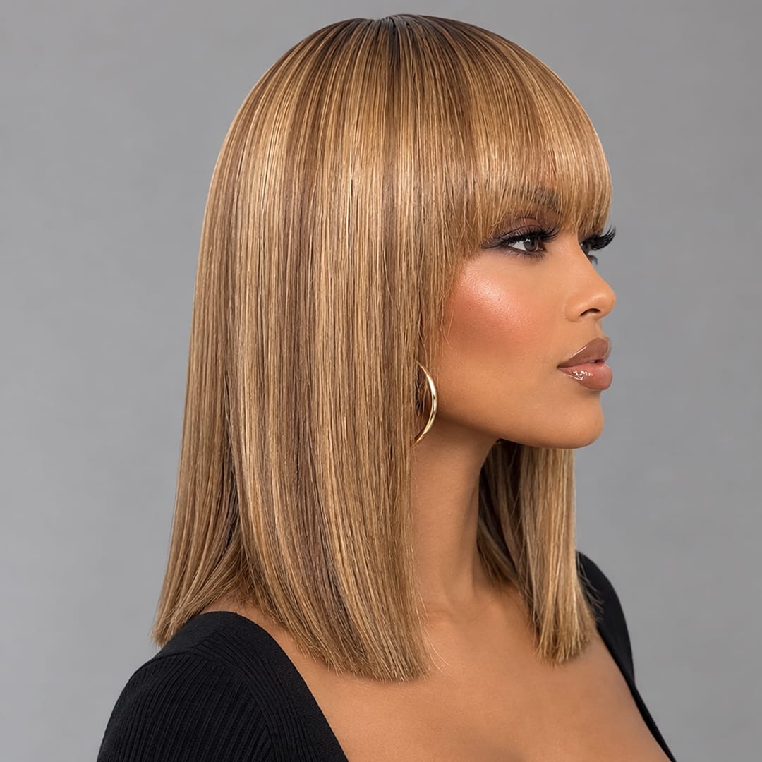 ailuxyhair-fr Entrepôt en France AILUXY Lisse Brun Balayage Miel #4#27 Bob Perruque Avec Frange 100% Cheveux Humains