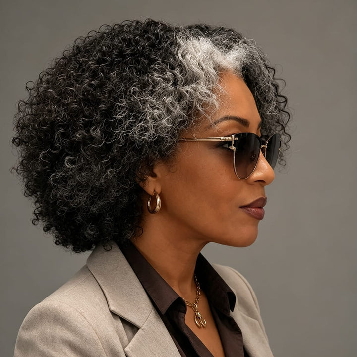 ailuxyhair-fr Identique à l'image 10pouces Ailuxy Perruque afro bouclée mèches grises | Style élégant pour femme mature