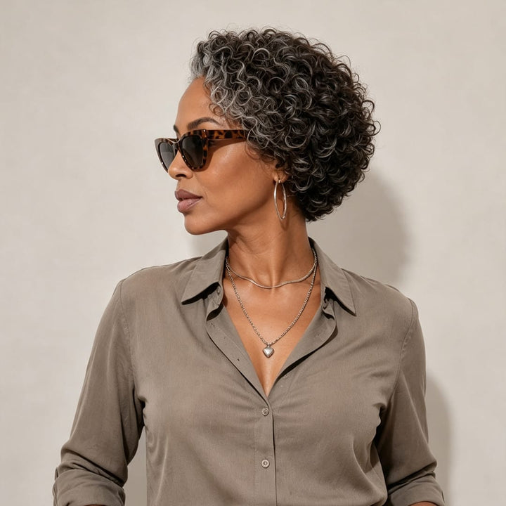 ailuxyhair-fr Identique à l'image 10pouces Ailuxy Perruque bouclée courte poivre et sel gris‑noir, rendu naturel pour femme