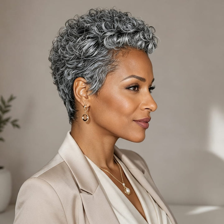 ailuxyhair-fr Identique à l'image Ailuxy Perruque pixie gris argenté bouclé cheveux humains, look chic professionnel sans effort