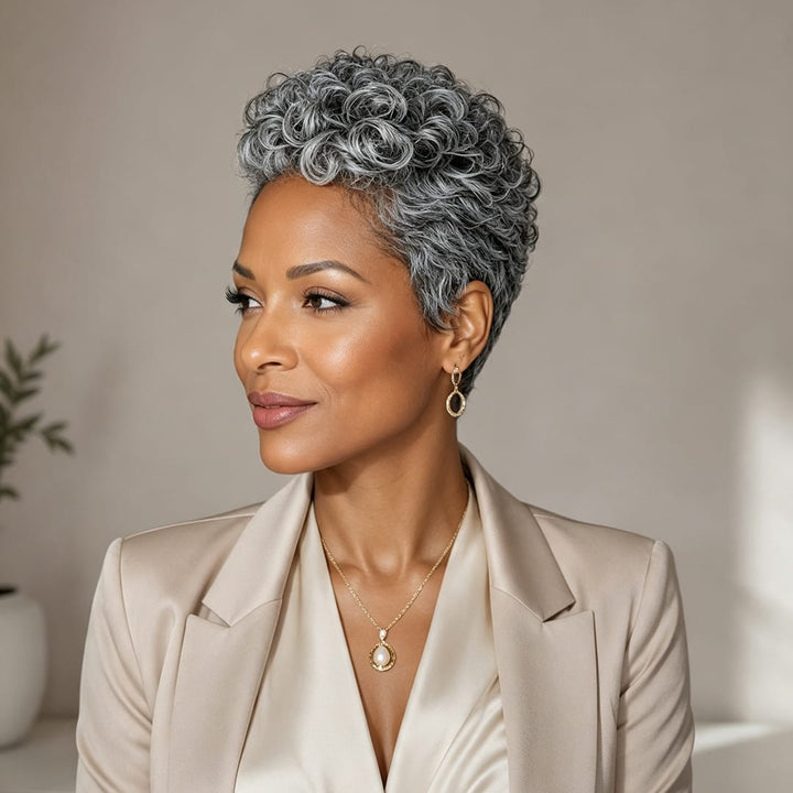 ailuxyhair-fr Identique à l'image Ailuxy Perruque pixie gris argenté bouclé cheveux humains, look chic professionnel sans effort