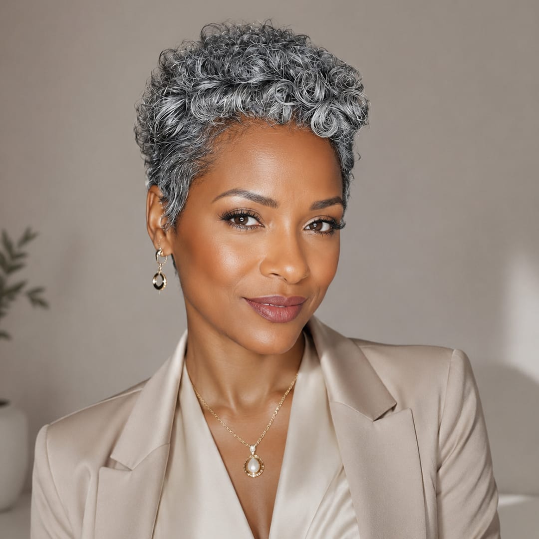 ailuxyhair-fr Identique à l'image Ailuxy Perruque pixie gris argenté bouclé cheveux humains, look chic professionnel sans effort