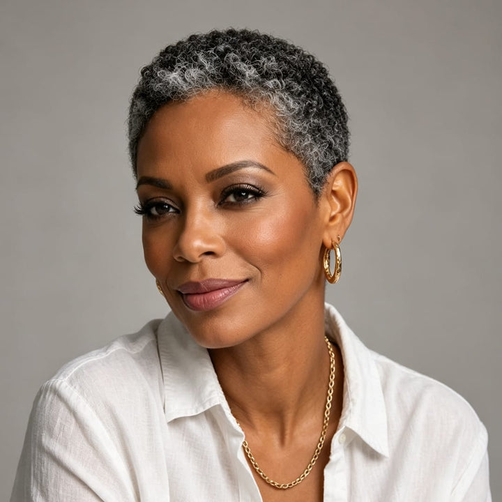 ailuxyhair-fr Identique à l'image Gris Naturel Ailuxy Perruque courte bouclette afro deux versions : sel et poivre gris naturel / noir uni, cheveux humains coupe pixie ultra confortable