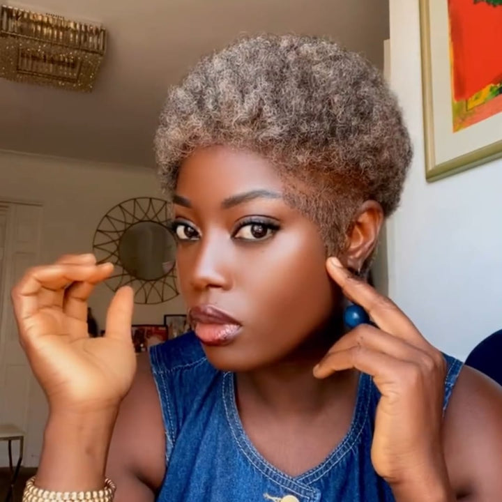 ailuxyhair-fr Identique à la photo 5X5 LACE AILUXY Perruque 5x5 LACE Afro Courte Couleur Grise | Style Unique et Élégant en Un Instant