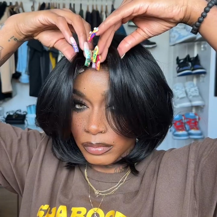 ailuxyhair-fr Identique à la photo AILUXY Perruque Bob Court Noir Lisse - 100% Cheveux Humains |  Densité 150% Bonnet Réglable Naturelle