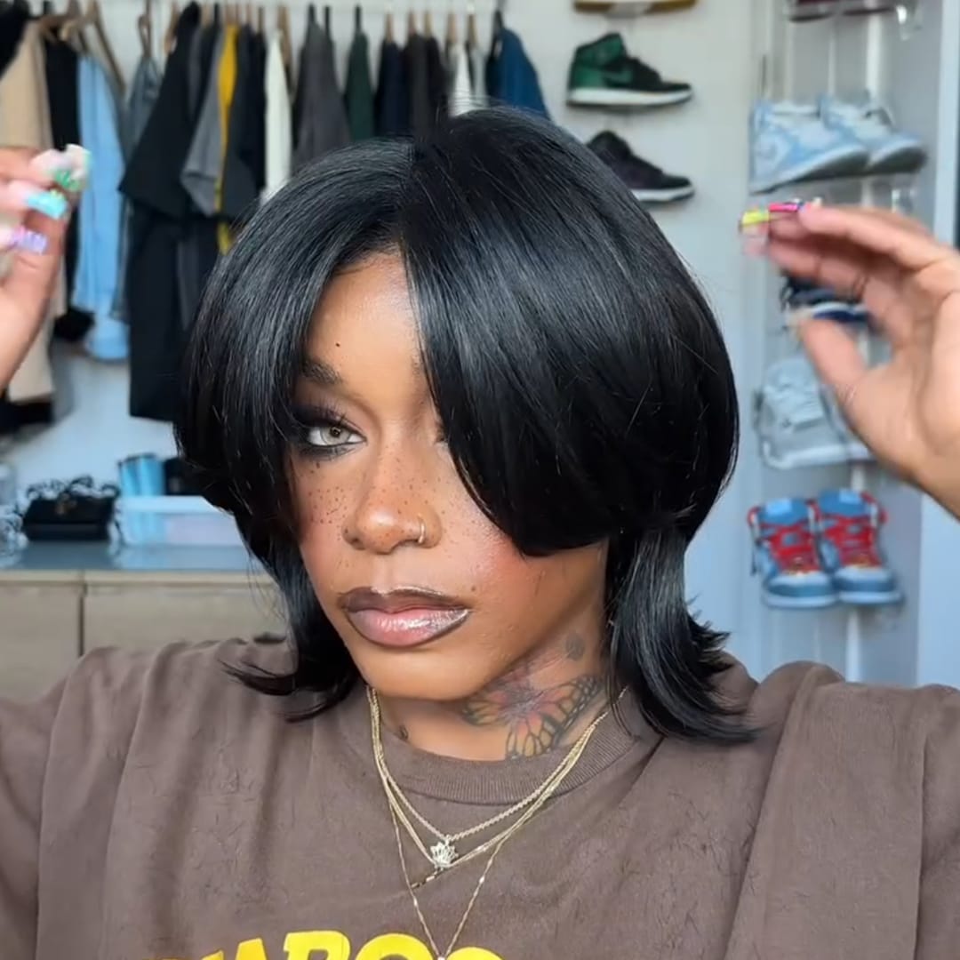 ailuxyhair-fr Identique à la photo AILUXY Perruque Bob Court Noir Lisse - 100% Cheveux Humains |  Densité 150% Bonnet Réglable Naturelle