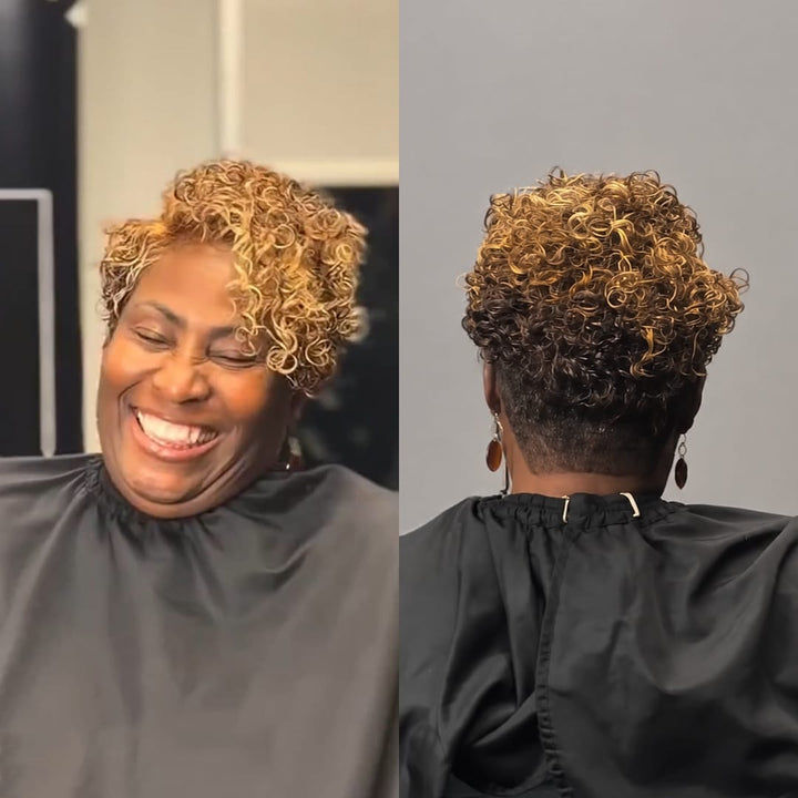 ailuxyhair-fr Identique à la photo AILUXY Perruque courte cheveux humains bouclettes définies, mèches dorées, style salon naturel