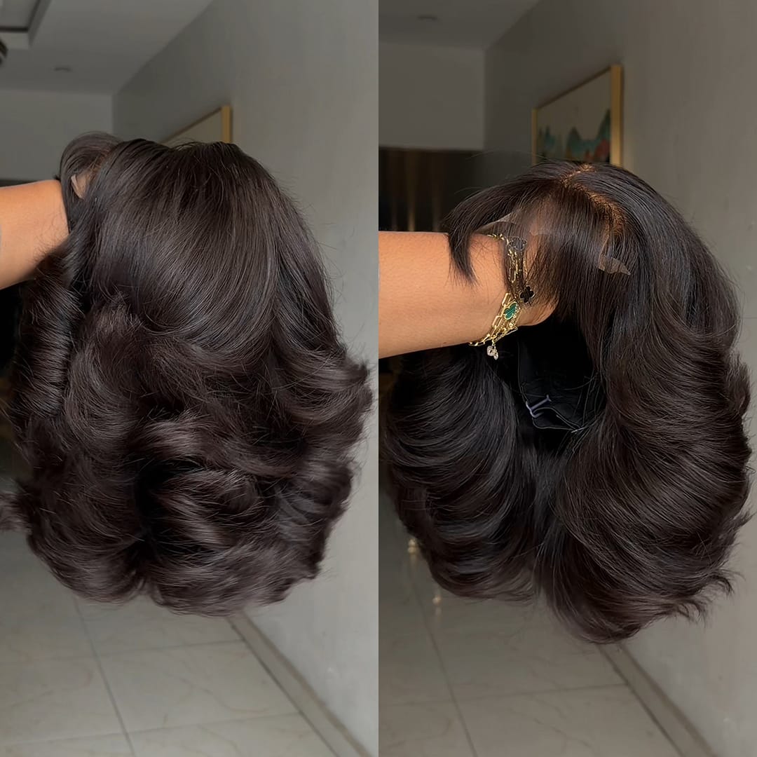 ailuxyhair-fr Identique à la photo AILUXY Perruque Lace Front 13x4 Cheveux Humains Naturels, Ondulé Volumineux avec Frange, Cheveux Noirs Naturels pour Femmes Noires
