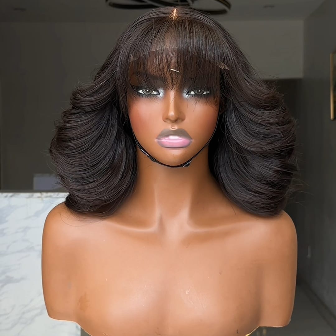 ailuxyhair-fr Identique à la photo AILUXY Perruque Lace Front 13x4 Cheveux Humains Naturels, Ondulé Volumineux avec Frange, Cheveux Noirs Naturels pour Femmes Noires