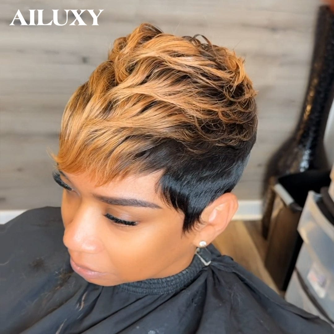 ailuxyhair-fr Identique à la photo AILUXY Perruque pixie chioma Promotion Fabriqué à la Machine couleur 1B27# en 100% Cheveux Humains