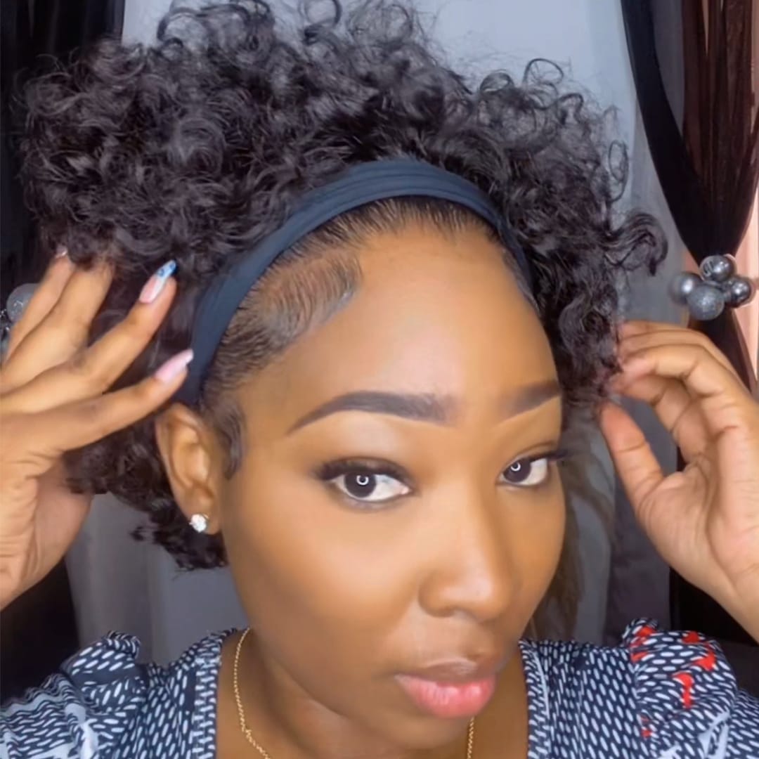 ailuxyhair-fr Noir AILUXY Perruque Bandeau à Boucles Kinky Courtes, Pas de Colle, Pas de Lace Compliqué