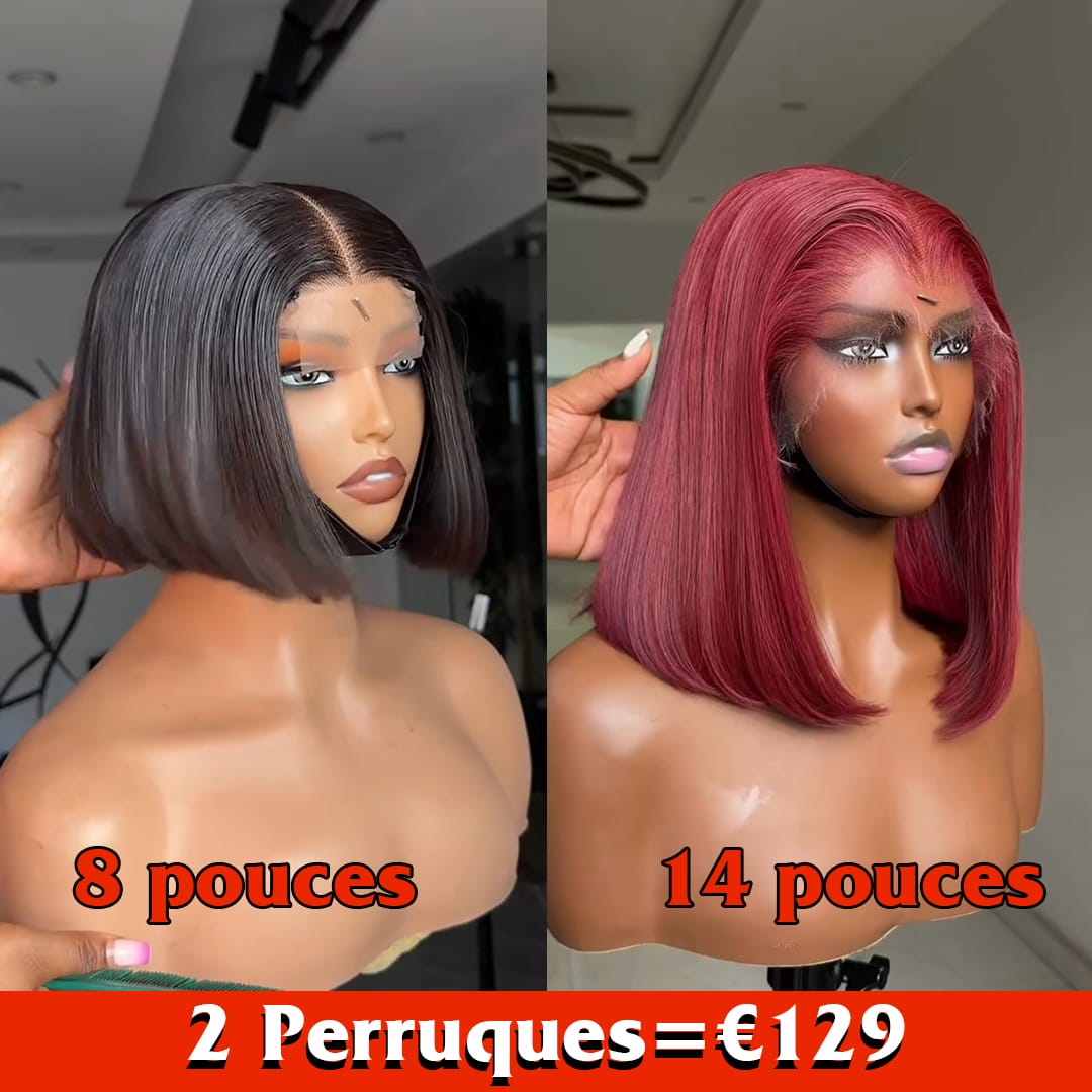 ailuxyhair-fr Perruque Combo AILUXY 2 Perruques = 129 € : Perruque Lisse  14 pouces 99J Rouge + Perruque Lisse Bob Lace 8 pouces Couleur au hasard – 100% Cheveux Humains