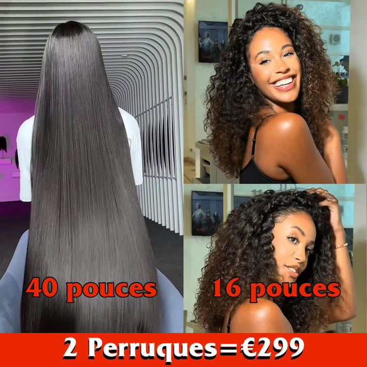 ailuxyhair-fr Perruque Combo AILUXY 2 Perruques=€299 Sans Colle Lisse avec Frange 40 Pouces + 13x4 Lace Frontal Perruque Curly 1bt4 16 Pouces en 100% Cheveux Humains