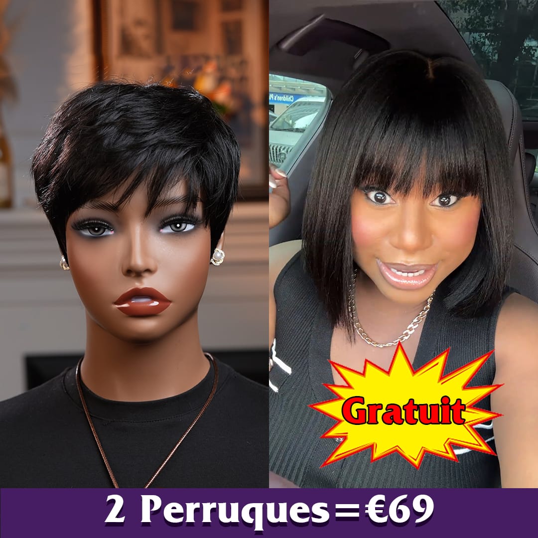 ailuxyhair-fr Perruque Combo AILUXY 2 Perruques = 69€ : Pixie Sans Colle 100% Humains + Bob Lisse 10" Blended Cadeau Offert | Identique à la Photo