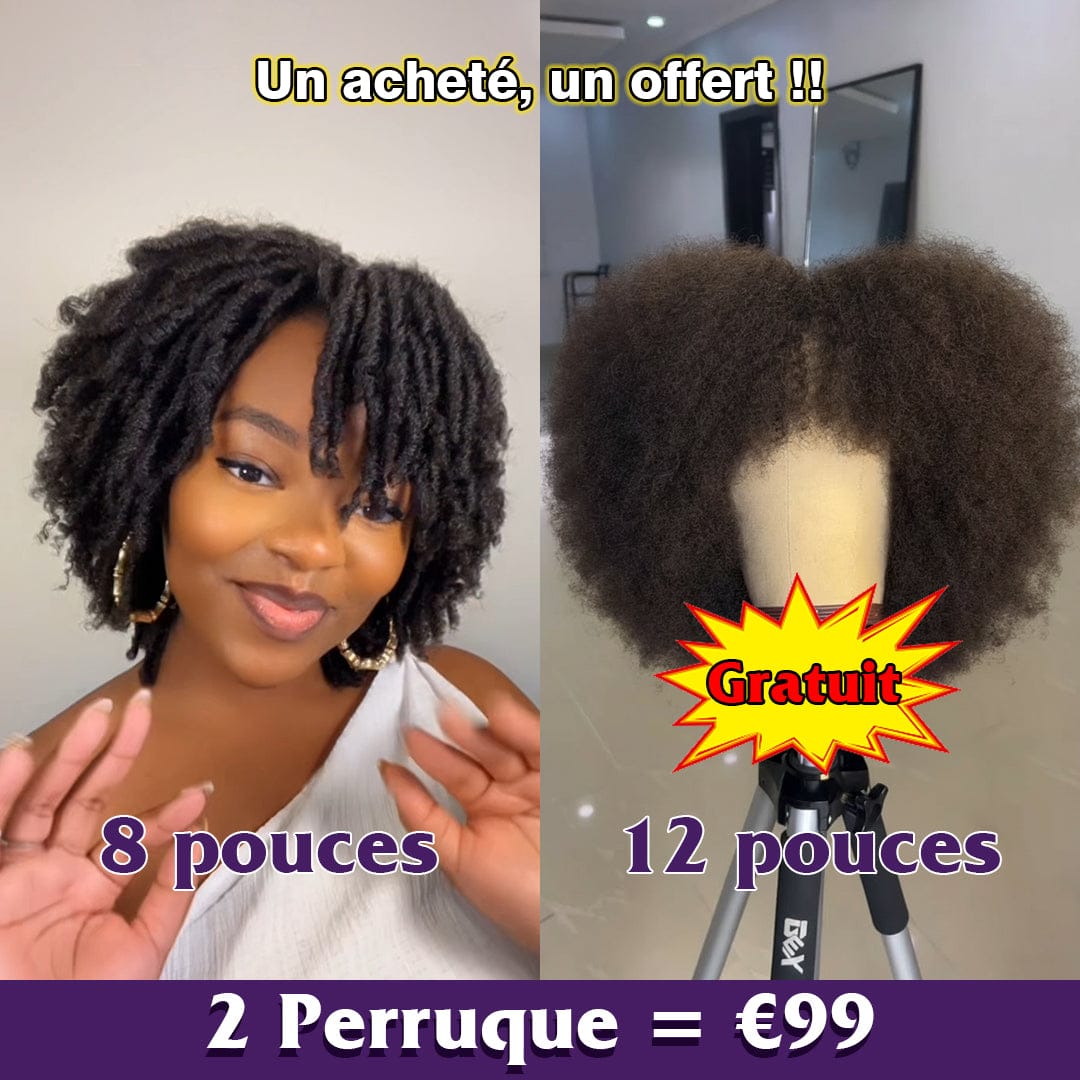 ailuxyhair-fr Perruque Combo AILUXY 2 Perruques = 99 € : Perruque Twist Braid mécanisme 8 pouces  + Perruque Bob 12 pouces Couleur brown Avec Frange Afro Curly Sans Colle  – 100% Cheveux Humains
