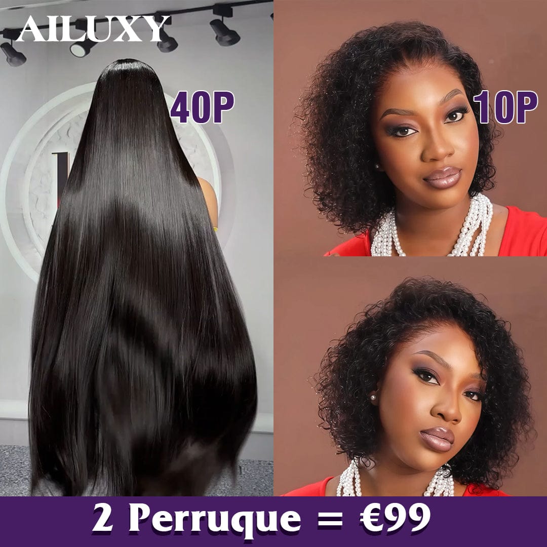 ailuxyhair-fr Perruque Combo AILUXY 2 Perruques=€99 Sans Colle Lisse avec Frange 40 Pouces et 13x4 Lace Frontal Perruque Curly 10 Pouces en 100% Cheveux Humains