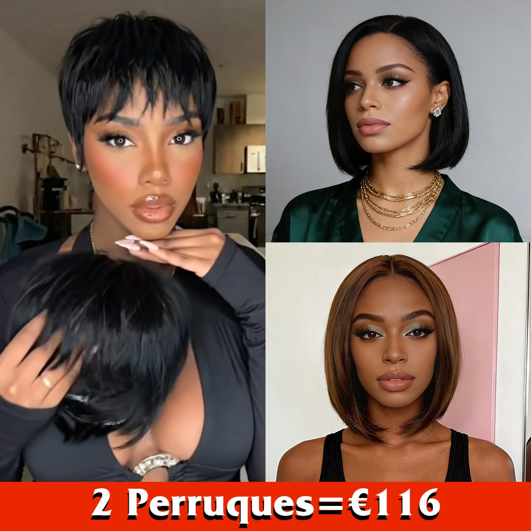 ailuxyhair-fr Perruque Combo AILUXY 3 Perruques=€116 perruque Pixie sans colle Naturels + 2 Perruques  lisse bob 10 pouces Blended Cadeau | Identique à la photo