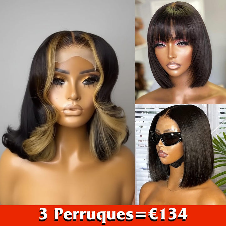 ailuxyhair-fr Perruque Combo AILUXY 3 Perruques=€134  Perruque bob en Dentelle Couleur Mèches  Naturels +2 Perruques lisse  bob 10 pouces  | identique à la photo