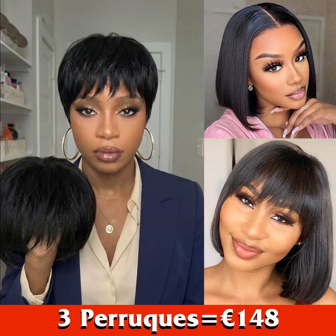 ailuxyhair-fr Perruque Combo AILUXY 3 Perruques=€148 perruque Pixie Sans Colle Naturels 100% Cheveux Humains +2 Perruques lisse bob 10 pouces Cadeau | identique à la photo