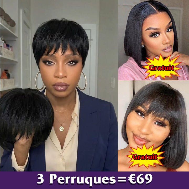 ailuxyhair-fr Perruque Combo AILUXY 3 Perruques=€69 perruque Pixie Sans Colle Naturels 100% Cheveux Humains +2 Perruques lisse bob 10 pouces Blended Cadeau | identique à la photo