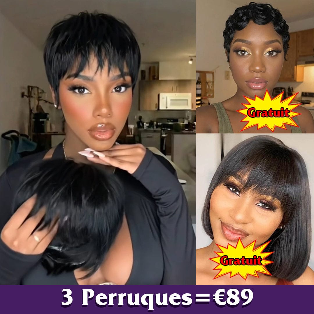 ailuxyhair-fr Perruque Combo AILUXY 3 Perruques=€89 perruque Pixie Sans Colle Naturels 100% Cheveux Humains + Perruques lisse bob 10 pouces+Perruque Pixie Finger Wave Blended Cadeau | identique à la photo