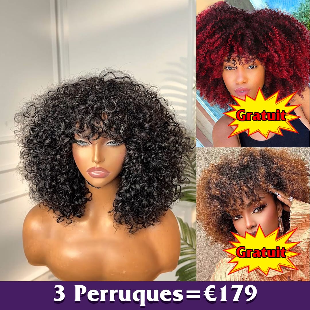 ailuxyhair-fr Perruque Combo AILUXY Lot de 3 Perruques à 179€ : Perruque Afro Bouclée avec Frange 100% Cheveux Humains + 2 Cadeaux Gratuits | Identique à la Photo