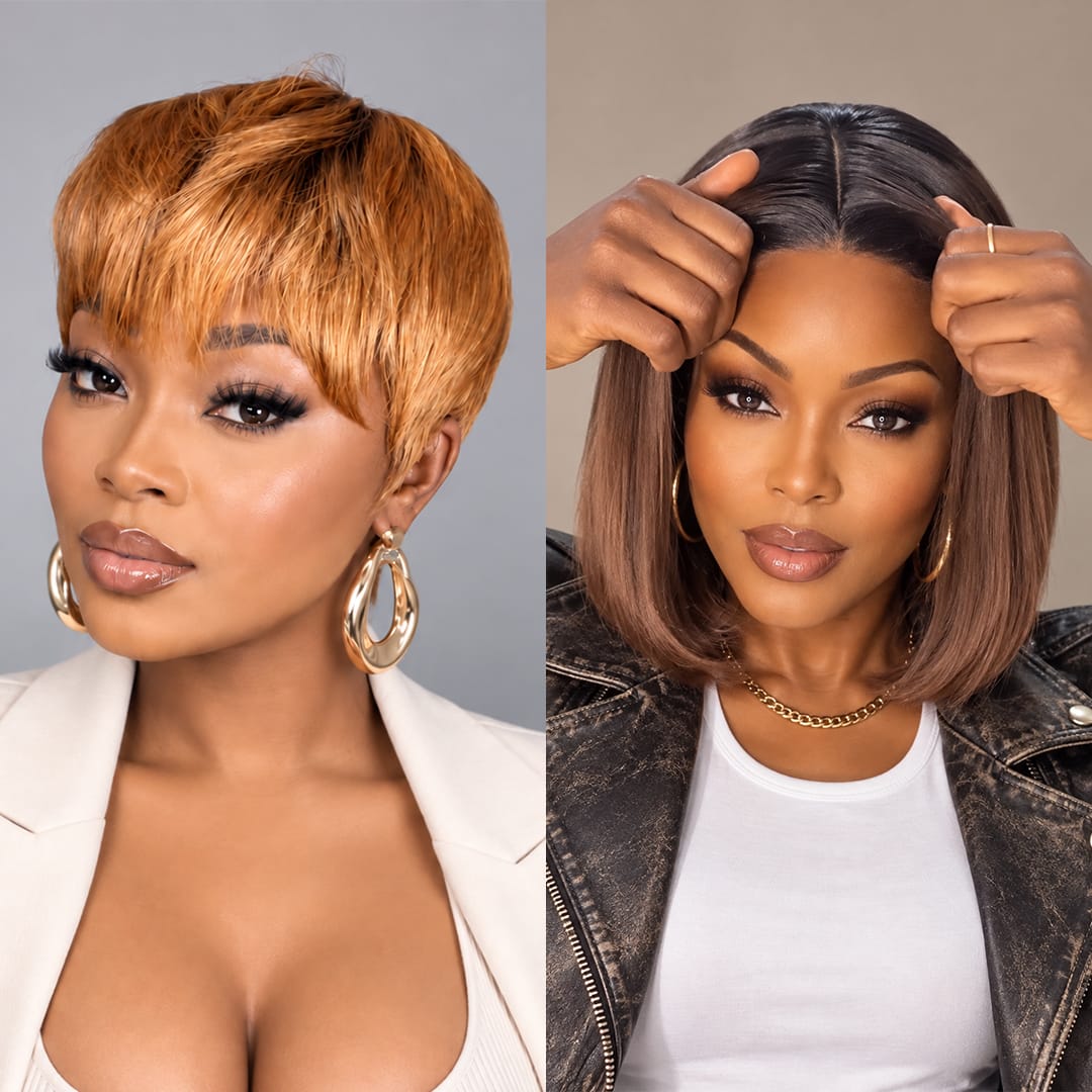 ailuxyhair-fr Perruque Combo AILUXY Prix d'usine 2 Perruques= €95 Perruque lisse 10 pouces + Perruque Pixie 1bt30 en 100% Cheveux Humains