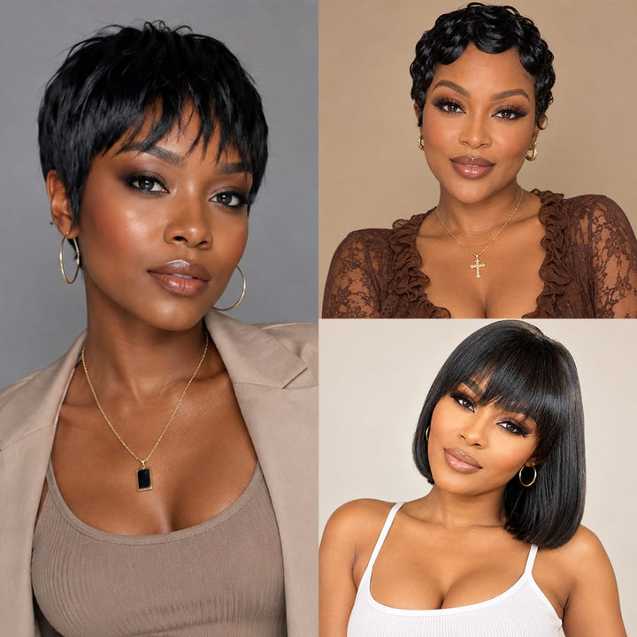 ailuxyhair-fr Perruque Combo AILUXY Prix d'usine 3 Perruques= €85 Perruque lisse 8 pouces + Perruque Pixie en 100% Cheveux Humains
