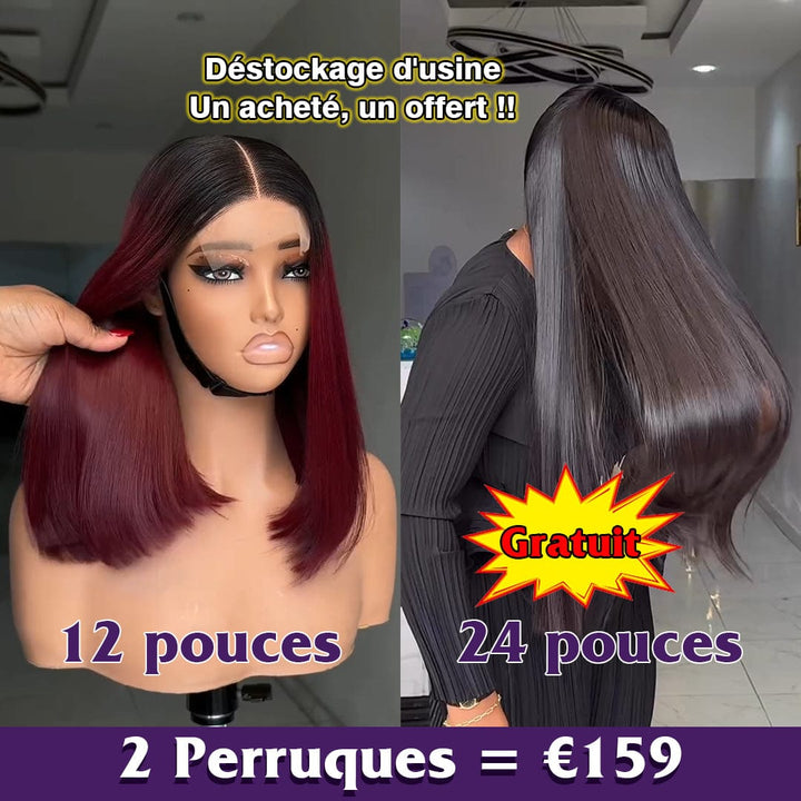 ailuxyhair-fr Perruque Combo Combo de 2 perruques AILUXY Prix d'usine | 2 Perruques = 159€ | 1 acheté = 1 offert Perruque lisse Lace 1B99J# dégradé rouge vin 12 pouces + Perruque lisse SY 24 pouces Blended Cadeau |  identique à la photo