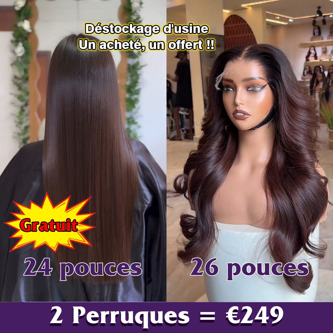 ailuxyhair-fr Perruque Combo Combo de 2 perruques AILUXY Prix d'usine | 2 Perruques = 249€ | 1 acheté = 1 offert Perruque Body wave Lace 2# brun 26 pouces + Perruque lisse SY 24 pouces brun Blended Cadeau |  identique à la photo