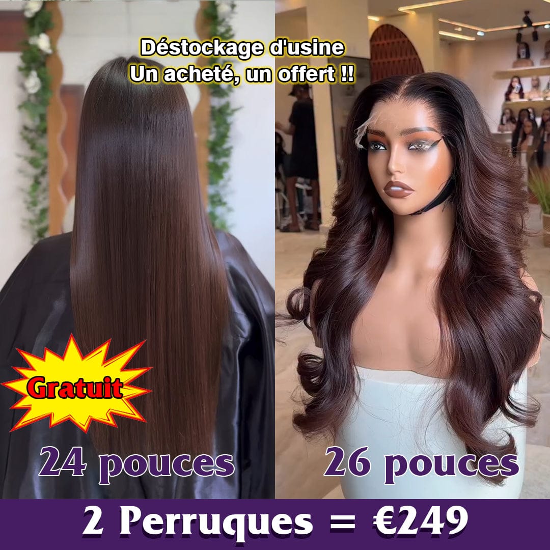 ailuxyhair-fr Perruque Combo Combo de 2 perruques AILUXY Prix d'usine | 2 Perruques = 249€ | 1 acheté = 1 offert Perruque Body wave Lace 2# brun 26 pouces + Perruque lisse SY 24 pouces brun Blended Cadeau |  identique à la photo