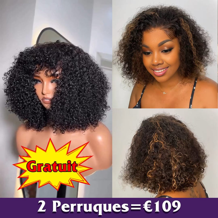 ailuxyhair-fr Perruque Combo Identique à la photo AILUXY 2 Perruques = €109 : Perruque Lace Front Curly Bob 100% Cheveux Humains Naturelle + Perruque Curly Sans Colle Blended Cadeau | Identique à la Photo